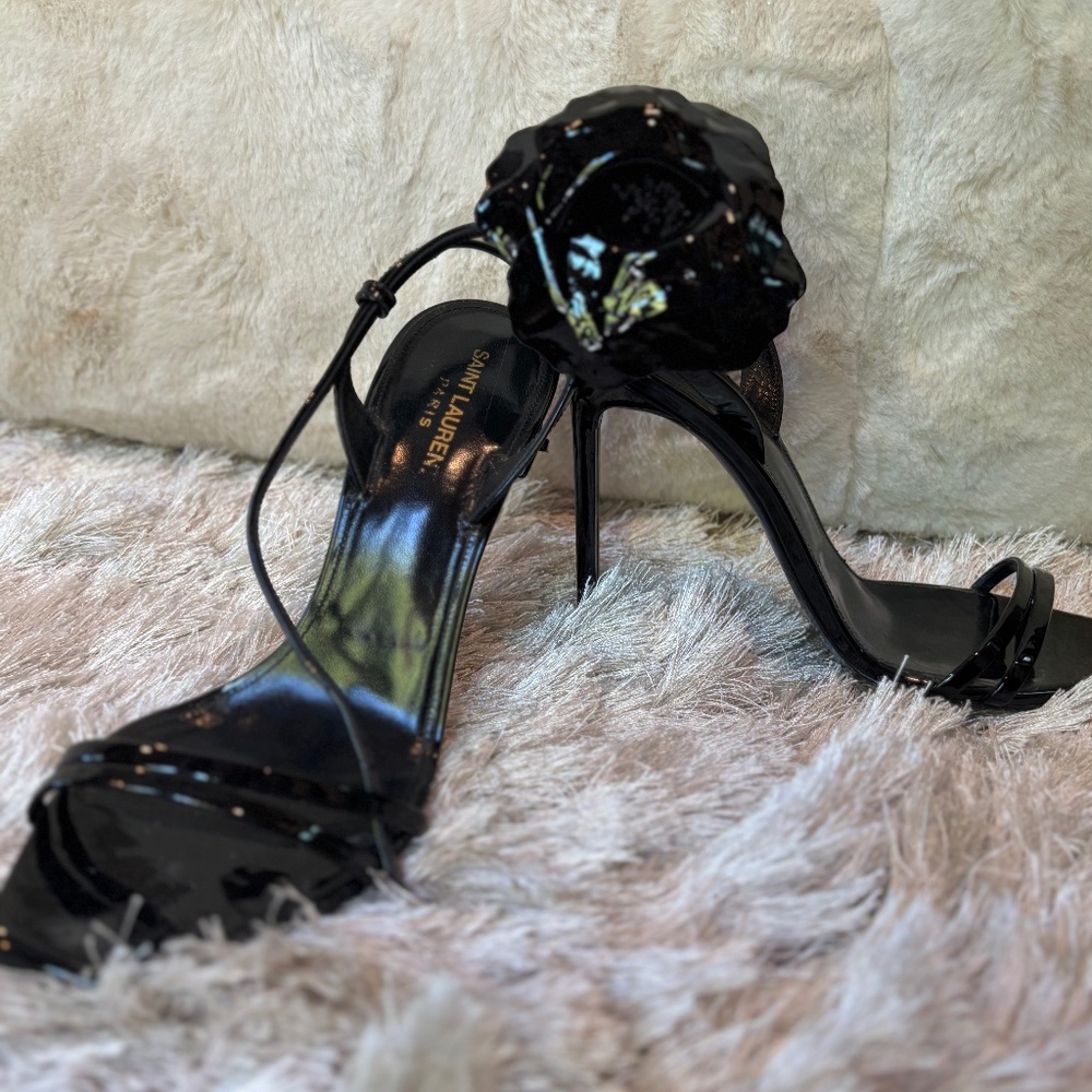 Saint Laurent Paris Black Shiny Heels – Rose Pink Straps – Size 9 – Elegant & Ic
